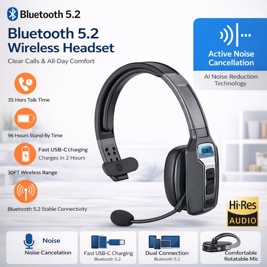 Trucker Wireless Bluetooth 5.2 Headset with Noise Cancelling Mic for Phones PC
