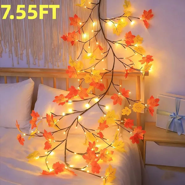 Fall Lighted Garland Leaves Autumn Maple Vine Lights with Wall Clips 4.2 6.2 7.5FT