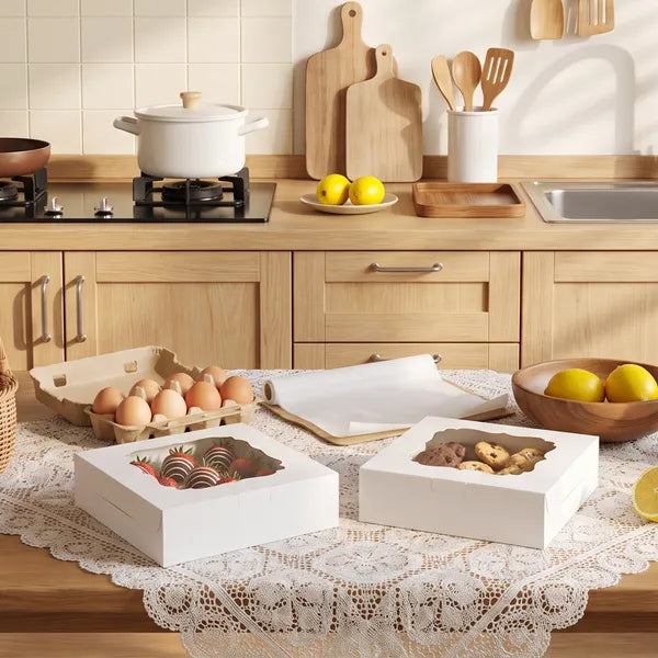 60 Pack Bakery Boxes with Window 8x8x2.5 White Cookie Pastry Donut Boxes