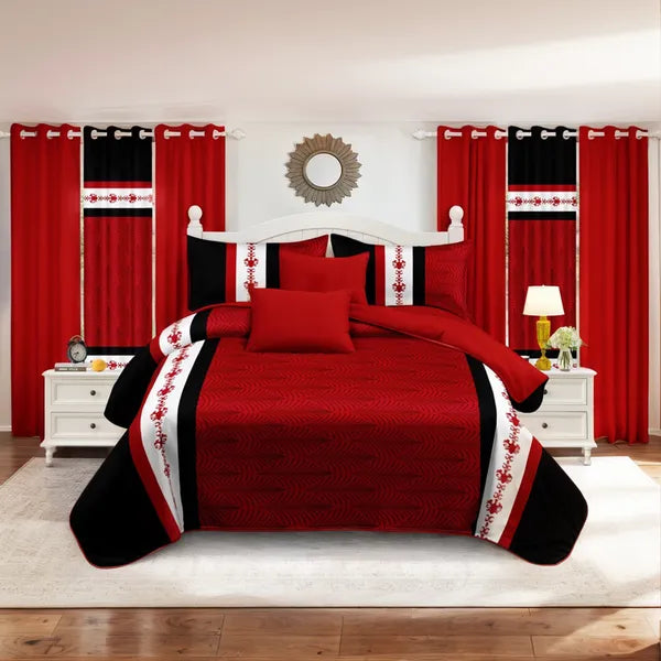 9 Piece Bed in a Bag Set Red White Boho Bedspread Curtains Queen King Cal