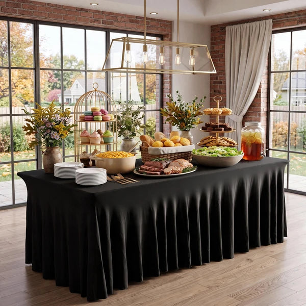 6FT Black Spandex Table Skirt Ruffled Fitted Tablecloth 72x30 Wedding Banquet