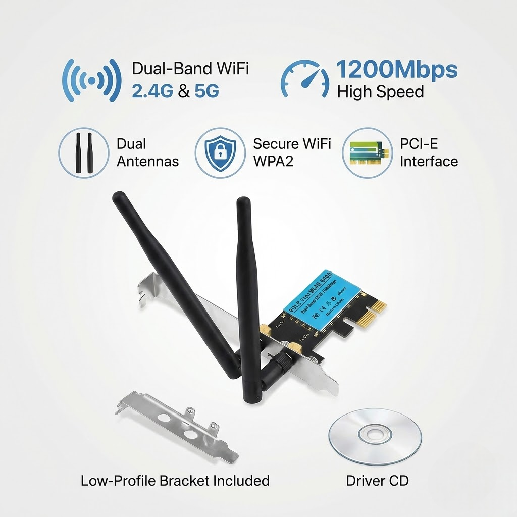 WiFi 1200Mbps Desktop PCIe Adapter 2.4G/5G Dual Band AX210 802.11AX PCI-E Card