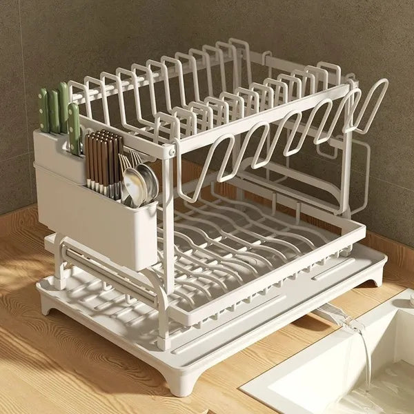 2 Tier Dish Drying Rack with Drain Board Large Capacity Kitchen Drainer White