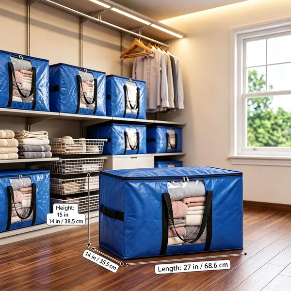 6 Pack Heavy Duty Moving Bags 100L Extra Large Storage Totes Clear Window Blue