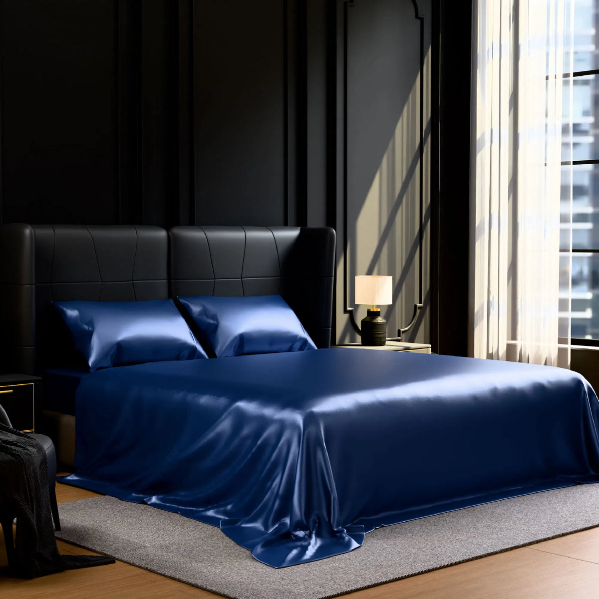 Full Satin Sheet Set 4PC Navy Blue Silky Soft 15in Deep Pocket Bed Sheets 90GSM