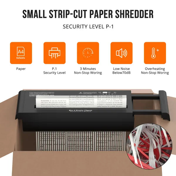 Small Paper Shredder Without Basket 6 Sheet Strip Cut Woolsche Extendable Arm
