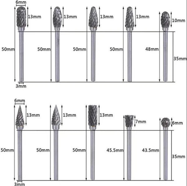 10 Pcs Carbide Burr Set 1/8 Shank Tungsten Double Cut Rotary Bits Metal Wood