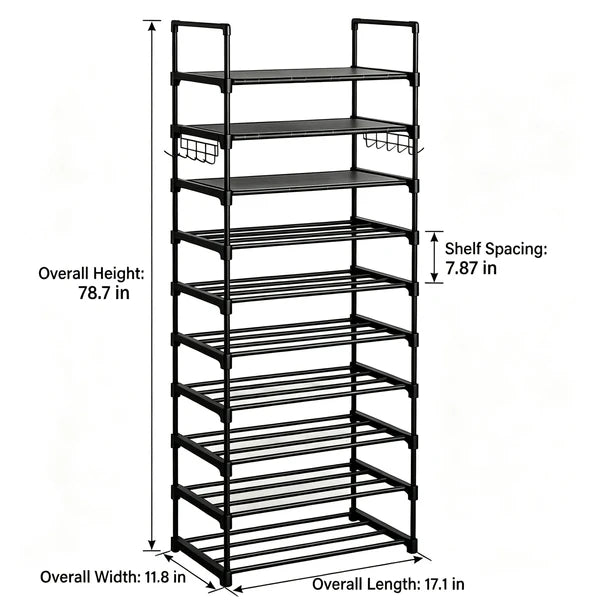 10 Tier Shoe Rack Tall Narrow Metal Shoe Storage Organizer 20-24 Pairs Black
