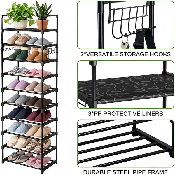 10 Tier Shoe Rack Tall Narrow Metal Shoe Storage Organizer 20-24 Pairs Black