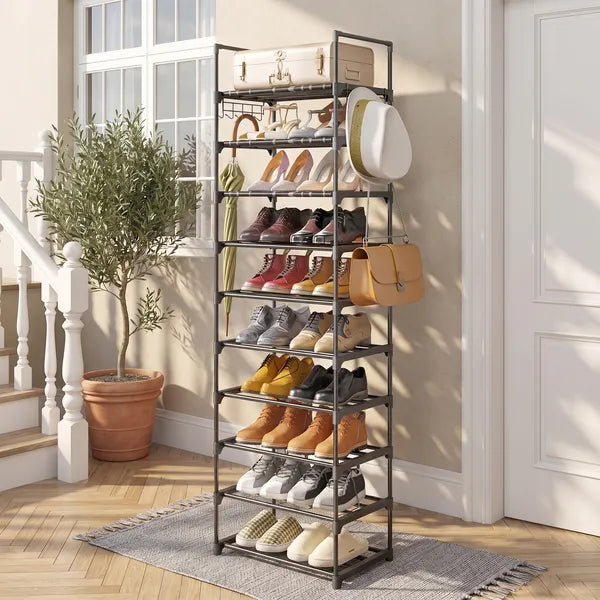10 Tier Shoe Rack Tall Narrow Metal Shoe Storage Organizer 20-24 Pairs Black