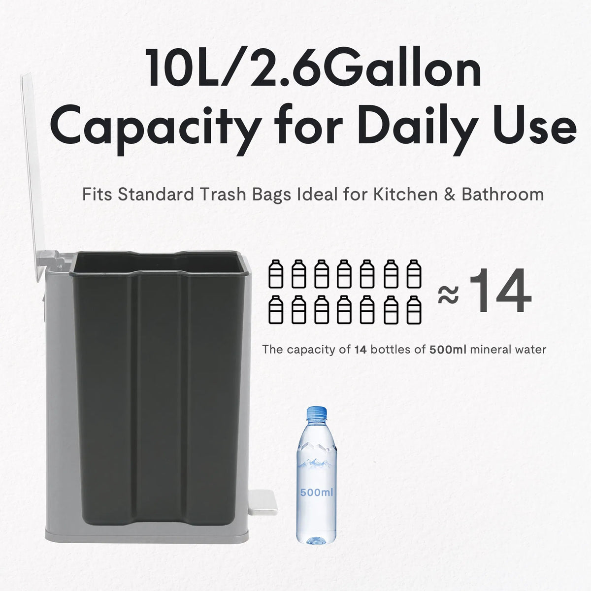 10L 2.6 Gal Stainless Steel Step Trash Can Black Removable Inner Bucket