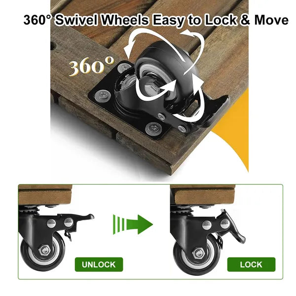 12" Acacia Wood Rolling Plant Caddy Stand Locking Wheels Indoor Outdoor Planter