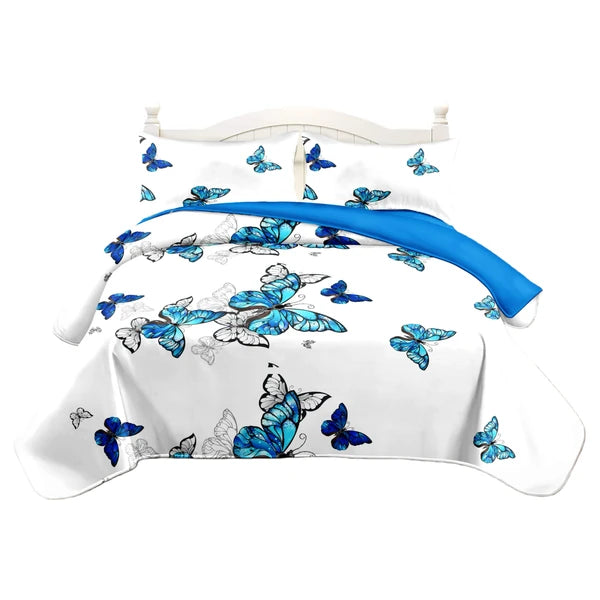 3 Piece Reversible Blue Butterfly Quilt Set Bedspread Coverlet King Cal King