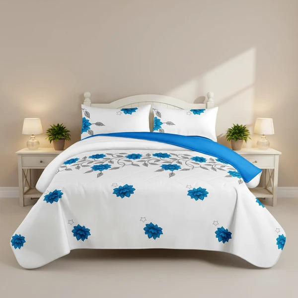 3 Piece Reversible Blue Floral Quilt Set Bedspread Coverlet King Cal King