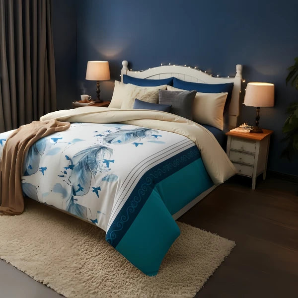 3 Piece Reversible Turquoise Feather Quilt Set Water Repellent King Cal King