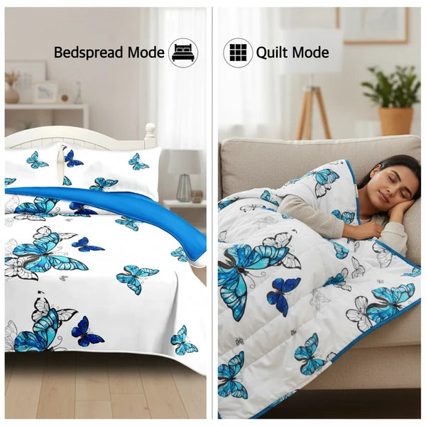 3 Piece Reversible Blue Butterfly Quilt Set Bedspread Coverlet King Cal King