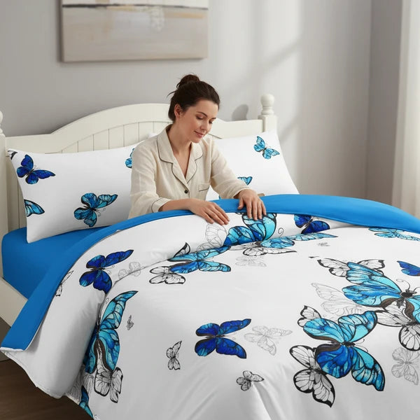 3 Piece Reversible Blue Butterfly Quilt Set Bedspread Coverlet King Cal King
