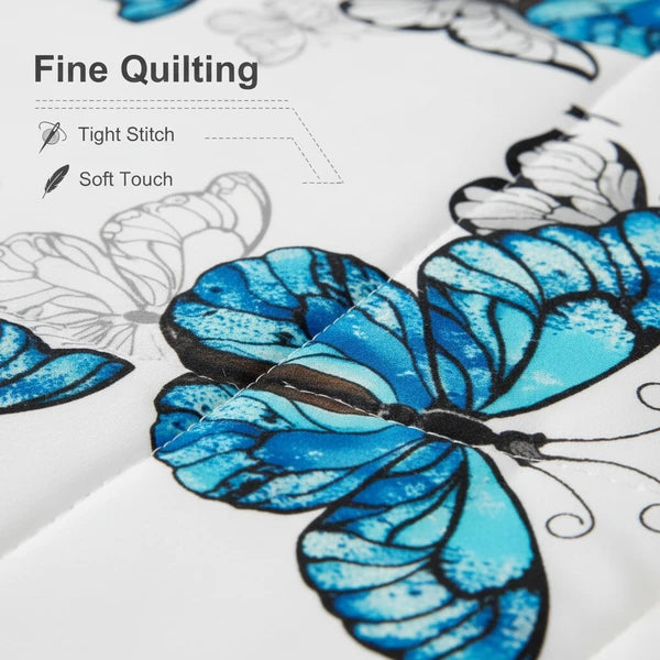3 Piece Reversible Blue Butterfly Quilt Set Bedspread Coverlet King Cal King