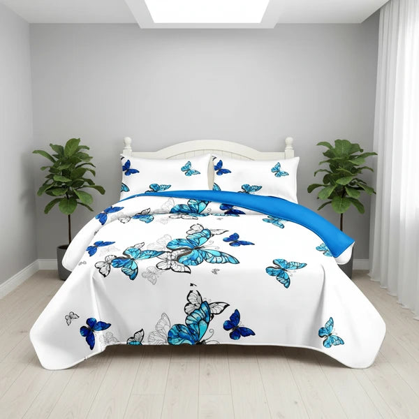 3 Piece Reversible Blue Butterfly Quilt Set Bedspread Coverlet King Cal King