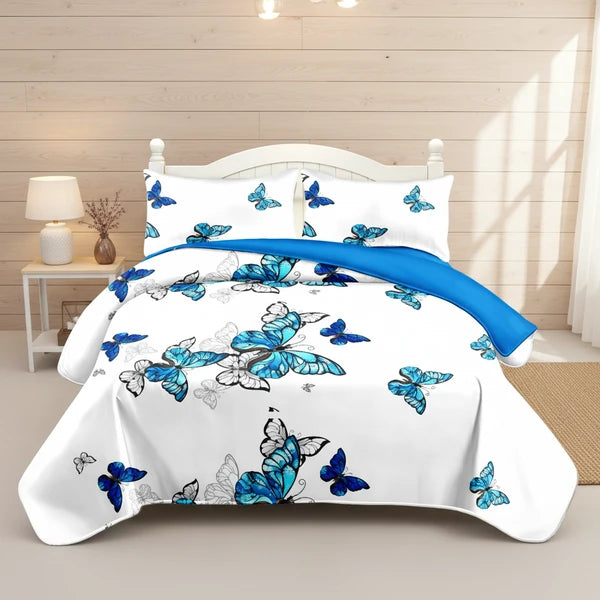 3 Piece Reversible Blue Butterfly Quilt Set Bedspread Coverlet King Cal King