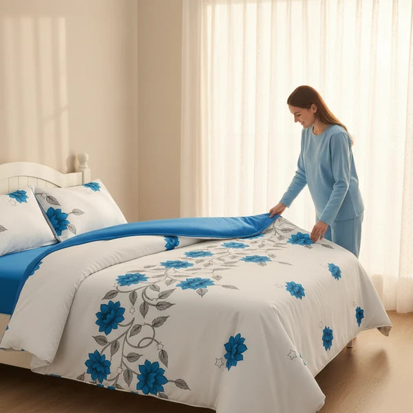 3 Piece Reversible Blue Floral Quilt Set Bedspread Coverlet King Cal King