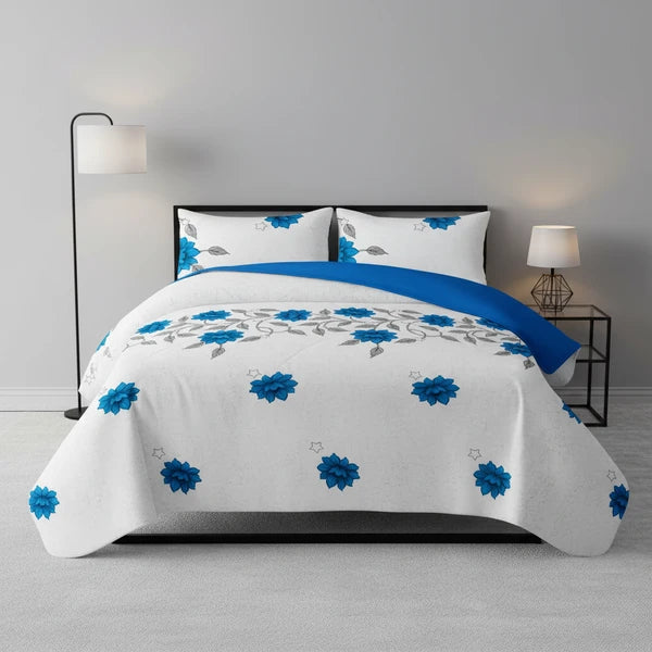 3 Piece Reversible Blue Floral Quilt Set Bedspread Coverlet King Cal King