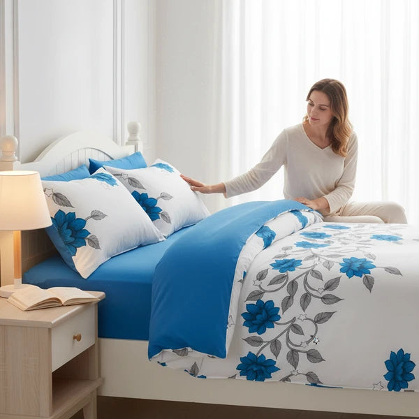 3 Piece Reversible Blue Floral Quilt Set Bedspread Coverlet King Cal King