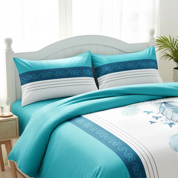3 Piece Reversible Turquoise Feather Quilt Set Water Repellent King Cal King