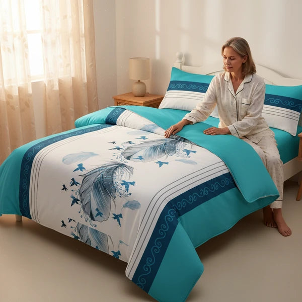 3 Piece Reversible Turquoise Feather Quilt Set Water Repellent King Cal King