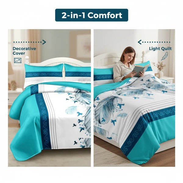 3 Piece Reversible Turquoise Feather Quilt Set Water Repellent King Cal King