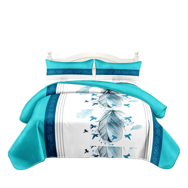 3 Piece Reversible Turquoise Feather Quilt Set Water Repellent King Cal King