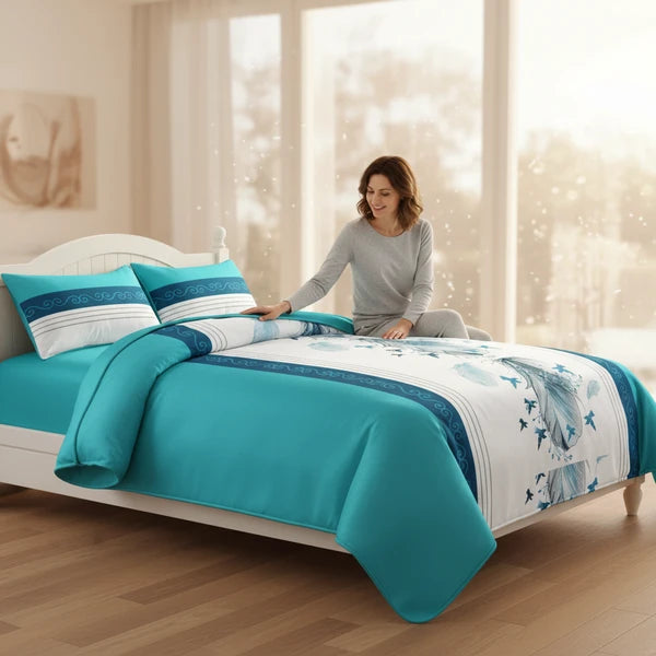 3 Piece Reversible Turquoise Feather Quilt Set Water Repellent King Cal King