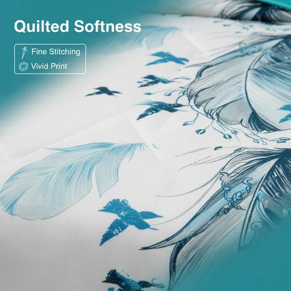 3 Piece Reversible Turquoise Feather Quilt Set Water Repellent King Cal King