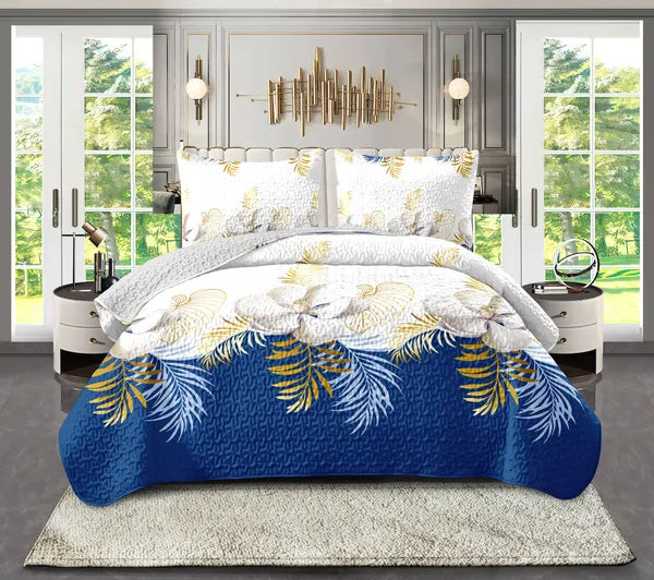 3 Piece Duvet Cover Set Navy Blue Gold Tropical Floral Zipper Ties Queen King