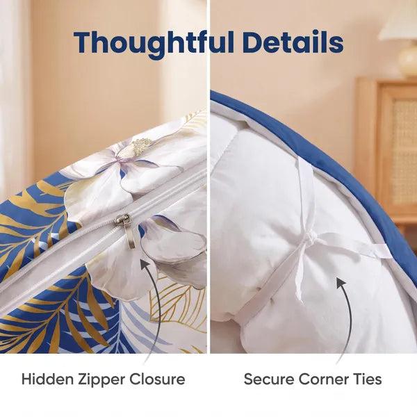 3 Piece Duvet Cover Set Navy Blue Gold Tropical Floral Zipper Ties Queen King