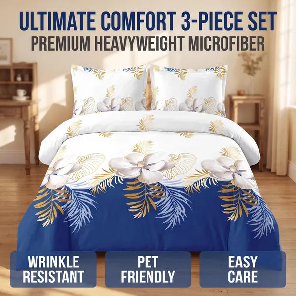 3 Piece Duvet Cover Set Navy Blue Gold Tropical Floral Zipper Ties Queen King