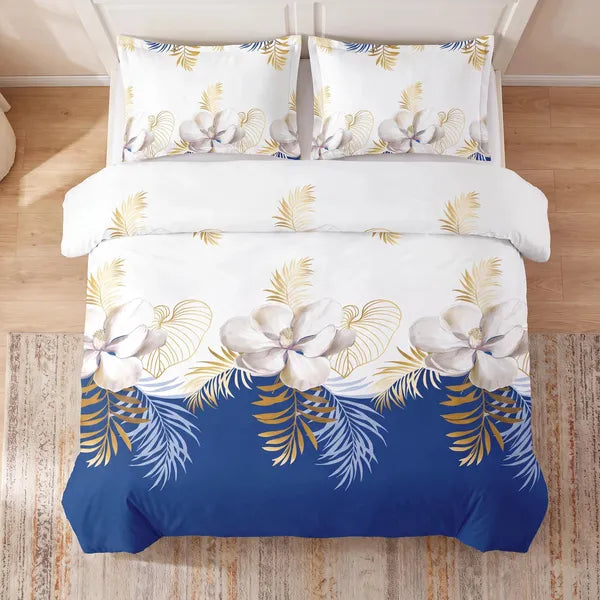 3 Piece Duvet Cover Set Navy Blue Gold Tropical Floral Zipper Ties Queen King