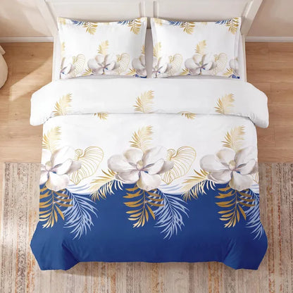 3 Piece Duvet Cover Set Navy Blue Gold Tropical Floral Zipper Ties Queen King
