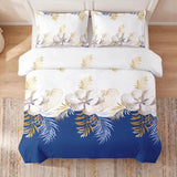 3 Piece Duvet Cover Set Navy Blue Gold Tropical Floral Zipper Ties Queen King