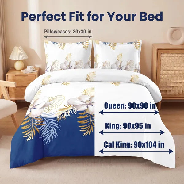 3 Piece Duvet Cover Set Navy Blue Gold Tropical Floral Zipper Ties Queen King