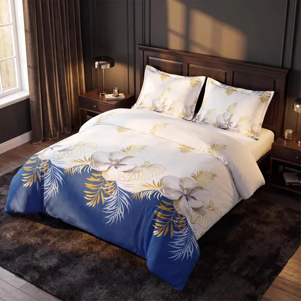 3 Piece Duvet Cover Set Navy Blue Gold Tropical Floral Zipper Ties Queen King