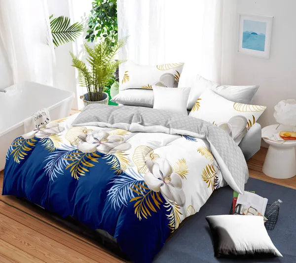 3 Piece Duvet Cover Set Navy Blue Gold Tropical Floral Zipper Ties Queen King