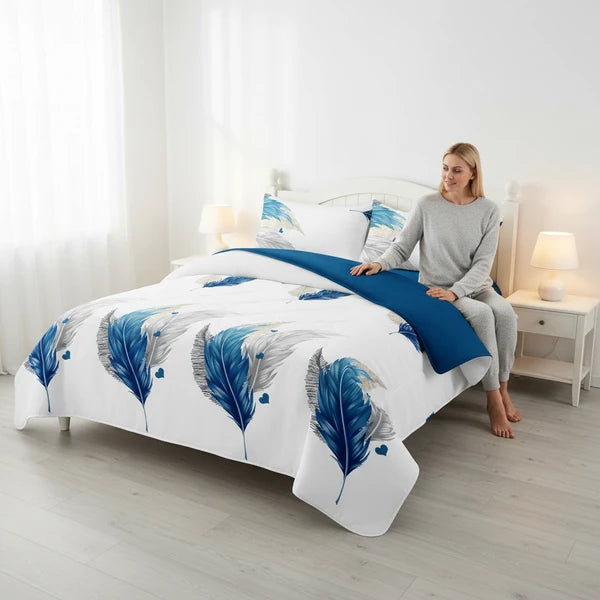 3 Piece Reversible Blue Feather Quilt Set Water Repellent Pet Proof King Cal