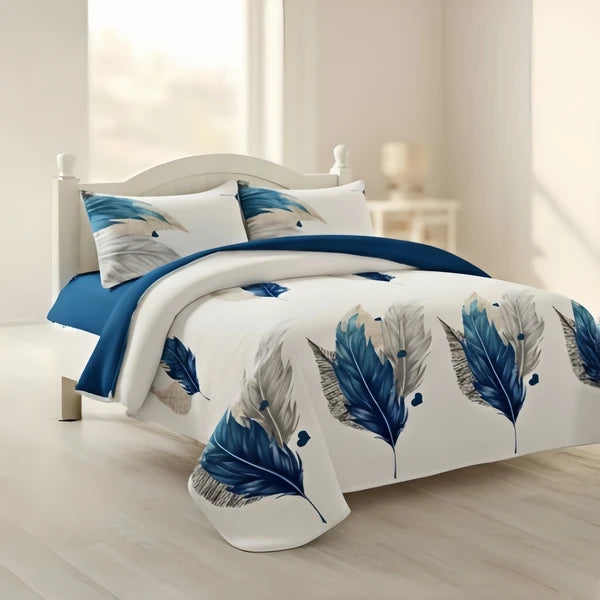 3 Piece Reversible Blue Feather Quilt Set Water Repellent Pet Proof King Cal