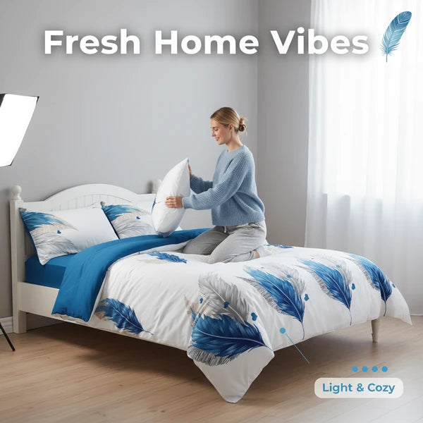 3 Piece Reversible Blue Feather Quilt Set Water Repellent Pet Proof King Cal