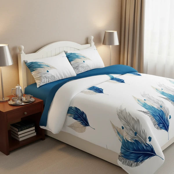 3 Piece Reversible Blue Feather Quilt Set Water Repellent Pet Proof King Cal