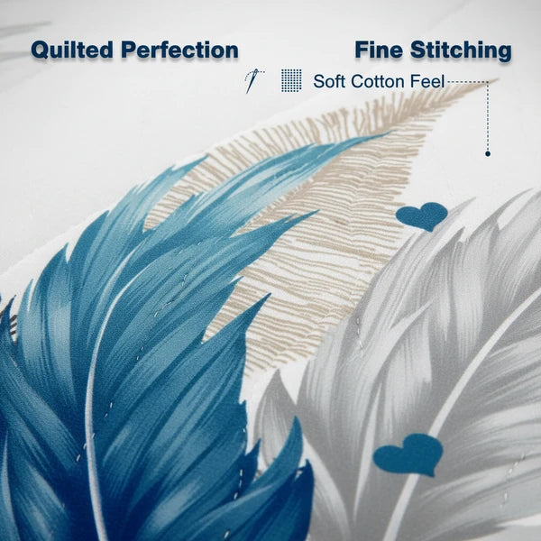 3 Piece Reversible Blue Feather Quilt Set Water Repellent Pet Proof King Cal