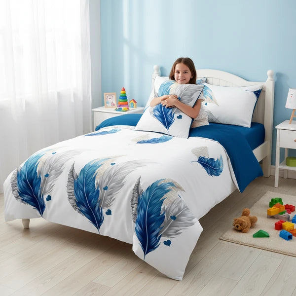 3 Piece Reversible Blue Feather Quilt Set Water Repellent Pet Proof King Cal
