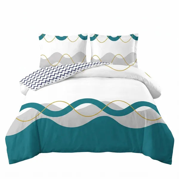 3 Piece Reversible Duvet Cover Set Teal Wave Zipper Corner Ties Queen King Cal