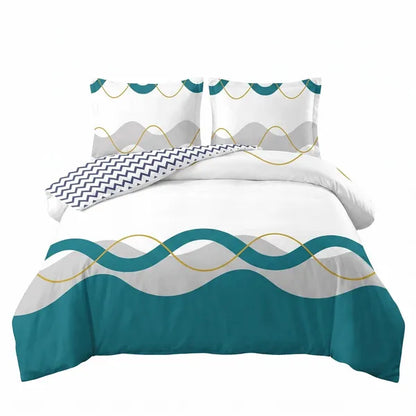 3 Piece Reversible Duvet Cover Set Teal Wave Zipper Corner Ties Queen King Cal